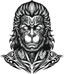 Intricate detailed illustration of hindu god hanuman in black and white vector art