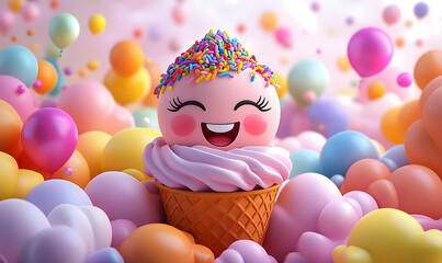Cheerful cupcake character surrounded by pastel balloons and fluffy clouds
