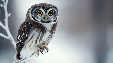 A still owl perched on a thin white branch