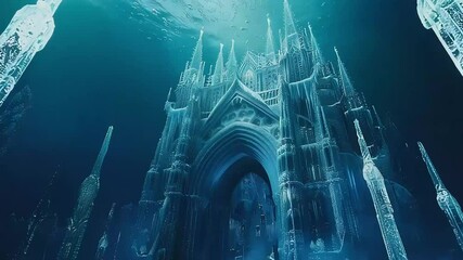 Underwater ice cathedral shimmering in dim light footage - Powered by Adobe