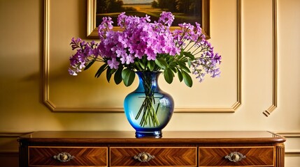 A vase of purple flowers sits on a wooden table