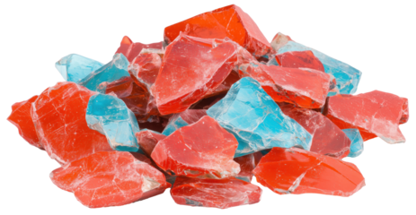 Chaotic pile of broken glass shards and discarded bottles with colorful fragments and jagged edges, viewed from front low angle on a transparent background.