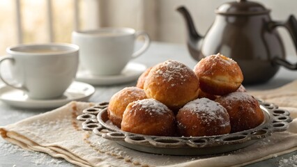 Freshly baked doughnuts served with tea set on a table ready for enjoyment