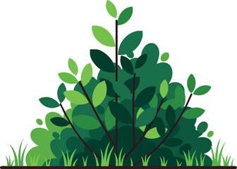 Green leafy bush with fresh grass ground vector illustration in nature scene 