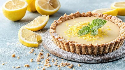Delicious lemon tart with fresh mint garnish, displayed on wooden board with powdered sugar and gluten-free crust. Low carb dessert.