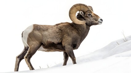 Obraz premium Majestic bighorn sheep standing proudly on snowy terrain isolated against white backdrop