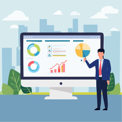 Online presentation webinar, conference or online seminar, consultation or data analyzing meeting, business discussion, financial expertise concept, businessman on computer screen presenting dat