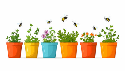 Row of colorful pots holding herbs and flowers, buzzing with bees against a white backdrop in a clean, flat vector style