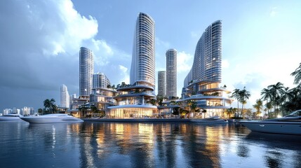Fototapeta premium Modern waterfront skyline with futuristic architecture and luxury yachts at dusk reflecting in serene water