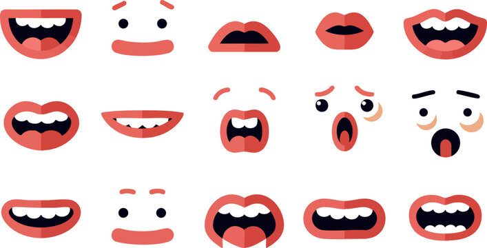 Cartoon mouth expressions vector set with various emotions and open lips illustrations 