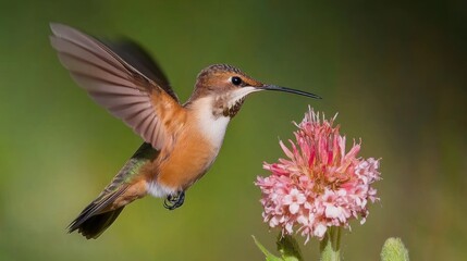 Naklejka premium Hummingbird in flight near flower