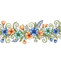 Fantasy watercolor floral border with whimsical wildflowers, curling vines, and dreamy pastel tones, ideal for artistic projects