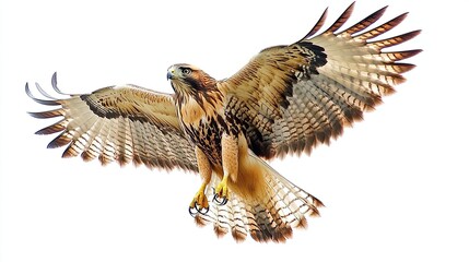 A hawk staring fiercely with its sharp talons extended as it appears mid-motion against an open white background
