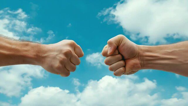 Fist bumping against blue sky