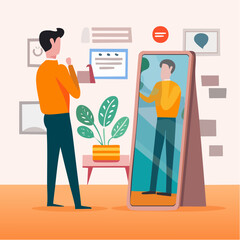 Self awareness, aware of different aspect of self, behaviors and feelings, psychology state of oneself becomes focus of attention, businessman found himself from mirror thinking about self awarenes