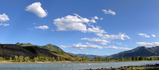 green trees near mountain river under blue sky landscape
