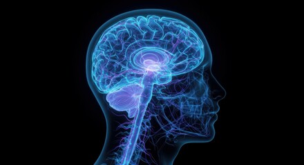 A digital illustration showing a human head illuminated by glowing neural pathways, emphasizing the brain's complex network and nervous system. Health and medicine concept