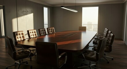 A spacious empty boardroom featuring leather chairs, symbolizing leadership and strategic planning for corporate meetings and teamwork.