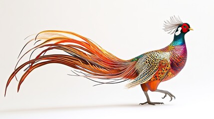 A long-tailed pheasant spreading its vibrant tail while walking softly forward
