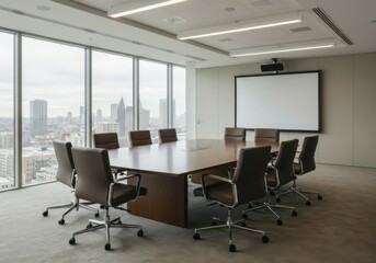 An empty executive boardroom with leather chairs, ready for team collaboration and strategic decision-making.