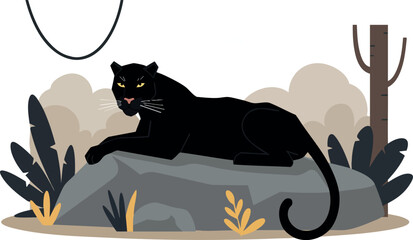 Black Panther Resting on Rock in Natural Landscape with Trees and Bushes Vector Illustration 