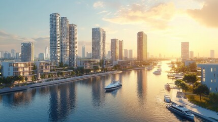 Obraz premium Urban Waterfront Development with Modern Architecture and Sunset Reflection Over Calm Waters in a City Landscape