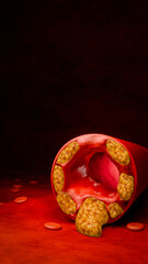Artery narrowing due to cholesterol deposits, fast food intake, high-sugar beverages, alcohol addiction, processed foods, emphasizing risks hypertension, stroke, cardiovascular death. 3D rendering