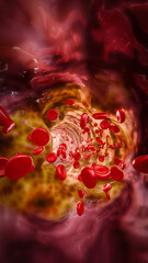Blocked artery filled with accumulation of fat, cholesterol plaques, blood clots, unhealthy foods, and sugary beverages, illustrating risks of heart disease, stroke, and vascular damage. 3D rendering.