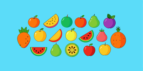 Happy Easter card with a delightful collection of fresh, healthy fruit illustrations, including apples, oranges, strawberries, and bananas