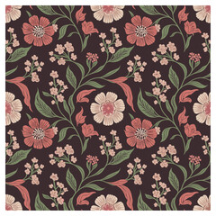 Vintage floral seamless pattern in muted red, cream, and sage on a dark brown background. Ideal for dress fabrics, wallpaper, vintage decor, stationery, and romantic textile designs.