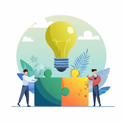 Team idea, teamwork solving problem, office meeting discussion brainstorm, innovation or creativity to success concept, business people staff, employees work together complete lightbulb jigsaw puzzl