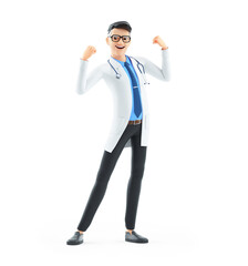 3d cartoon doctor flexing arm muscles