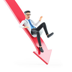 3d cartoon doctor falling off downward arrow