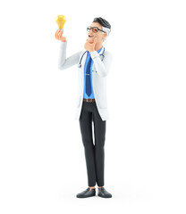 3d cartoon doctor looking at light bulb