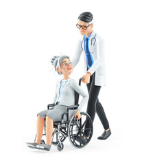 3d cartoon doctor pushing granny in wheelchair