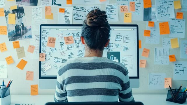 Woman working on computer with sticky notes on wall, brainstorming, planning, organizing ideas in office