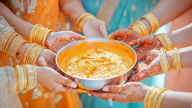 Women holding bowl of turmeric paste during indian wedding ceremony
