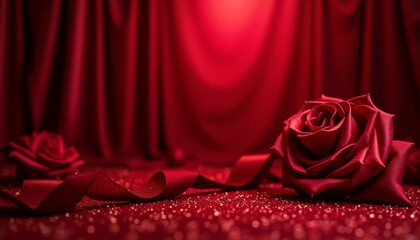 Red rose and ribbon on red background