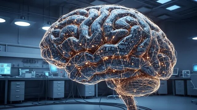 A 3D model of a brain, rendered as a network of circuits and glowing neural pathways, set in a futuristic laboratory - Powered by Adobe