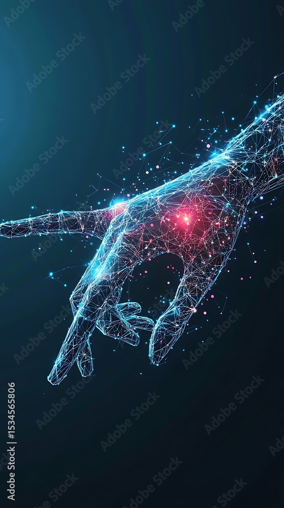 Poster a digital hand made of connected lines and dots with red and blue glowing areas on a dark background