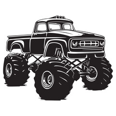 Bold Monster Truck Illustration Featuring Oversized Tires and Classic Design Elements in a Silhouette