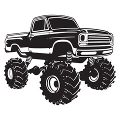 Bold Monster Truck Illustration Featuring Oversized Tires and Classic Design Elements in a Silhouette