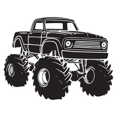 Bold Monster Truck Illustration Featuring Oversized Tires and Classic Design Elements in a Silhouette