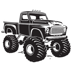 Bold Monster Truck Illustration Featuring Oversized Tires and Classic Design Elements in a Silhouette
