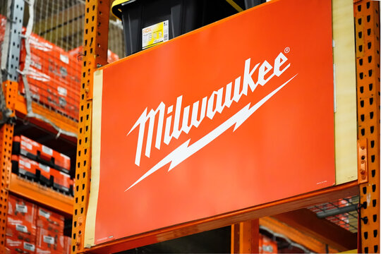 New York, USA - Jan 26, 2025: American tool manufacturer Milwaukee Electric Tool Corporation advertisement banner at big box retailer. Milwaukee brand as an independent subsidiary of TTI Group.