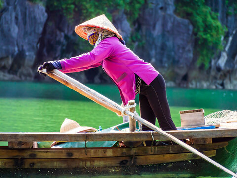 Traditional rower in vibrant purple ao dai dress and conical hat paddling wooden sampan boat through emerald waters of Ha Long Bay, Vietnam