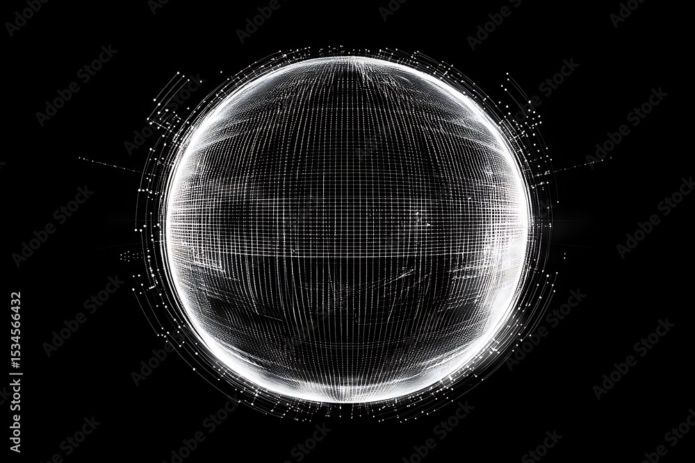 Poster a digital globe with a grid pattern and a circuit board design on a black background in white color