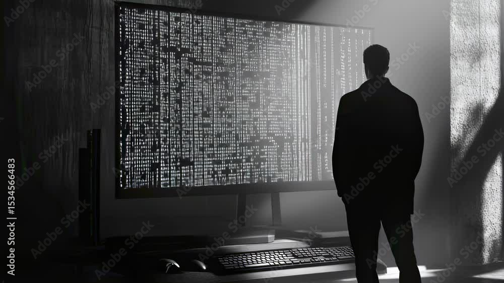 Poster monochrome shot of a person standing in front of a large computer screen displaying code, with drama