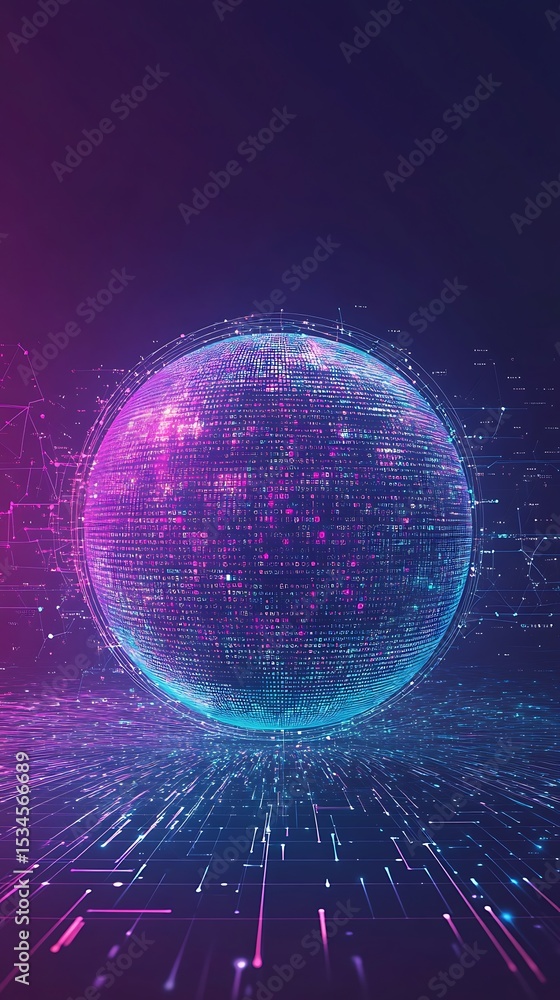 Poster glowing sphere with network lines and digital code against a dark purple and blue gradient backgroun