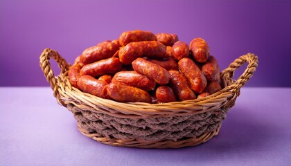 Fototapeta premium a rustic woven basket overflows with tantalizing freshly made chorizo links purple background